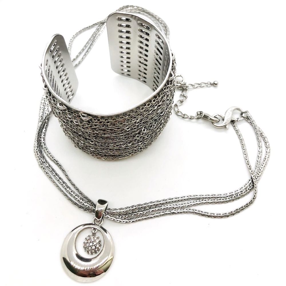 Vintage Silver Modernist Cuff Bracelet & Rhinestone Pendant necklace